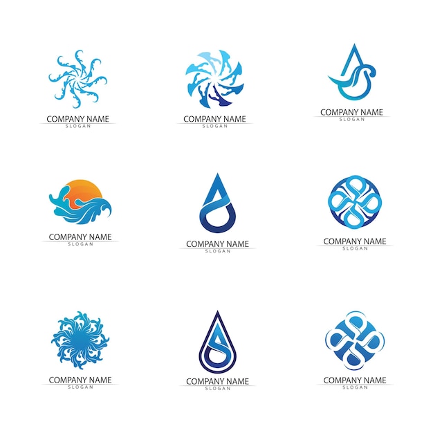 Logo di forma rotonda isolato logotipo di colore blu immagine dell'acqua che scorre superficie del fiume oceano di mare