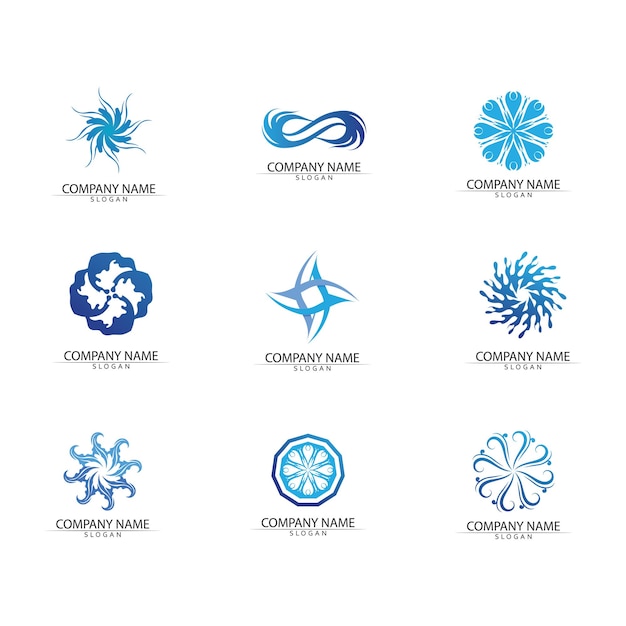 Logo di forma rotonda isolato logotipo di colore blu immagine dell'acqua che scorre superficie del fiume oceano di mare