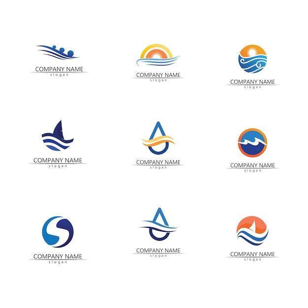 Logo di forma rotonda isolato logotipo di colore blu immagine dell'acqua che scorre superficie del fiume oceano di mare