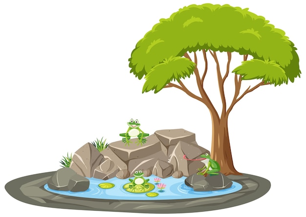 Vector isolated scene with many frog around the pond