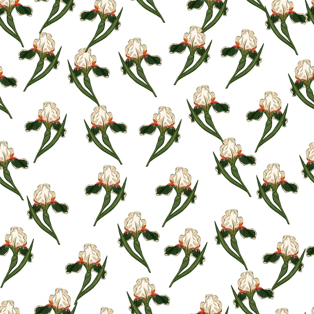 임의의 작은 녹색 아이리스 꽃 장식으로 격리된 매끄러운 낙서 패턴입니다. 흰색 배경. 계절 섬유 인쇄, 직물, 배너, 배경 및 배경 화면에 대한 벡터 일러스트 레이 션.