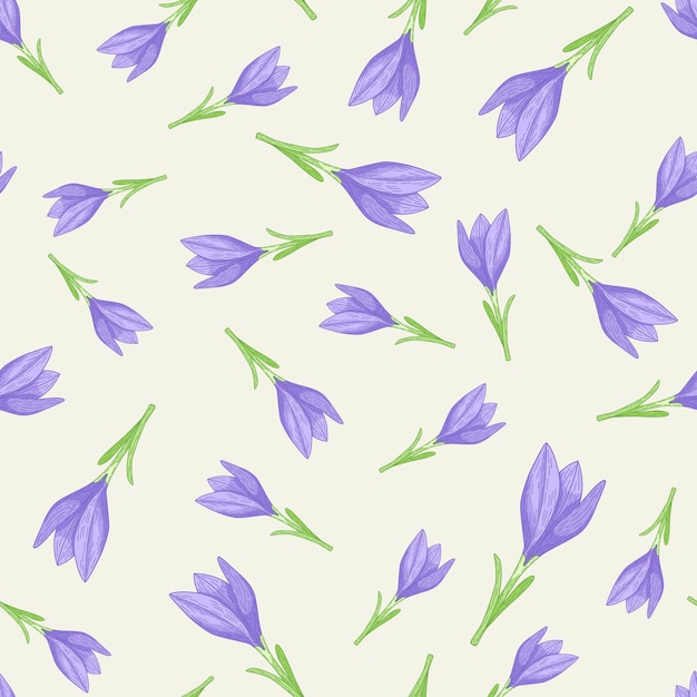 Isolated seamless floral pattern with blue outline crocus flower shapes.