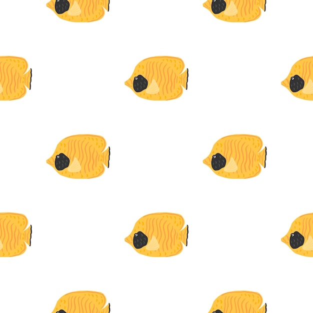 Vector isolated seamless marine pattern with bright yellow butterfly fish shapes.