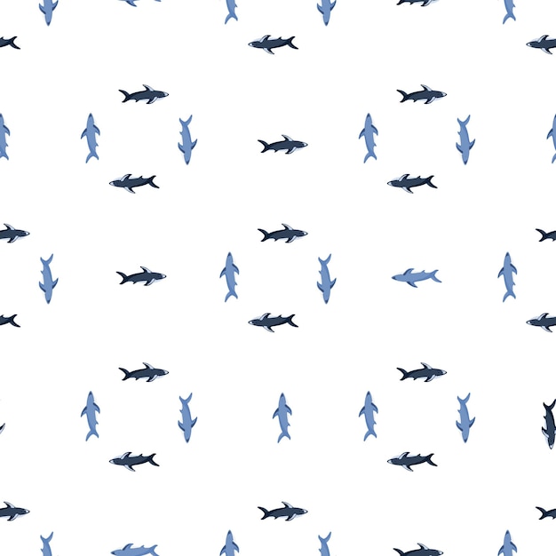 Vector isolated seamless pattern in geometric style with blue simple shark shapes. white background.