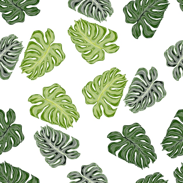 Isolated seamless pattern with green random monstera silhouettes print. White background.