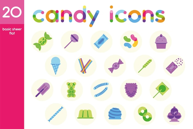 Isolated set of colored candies sheer flat icons vector