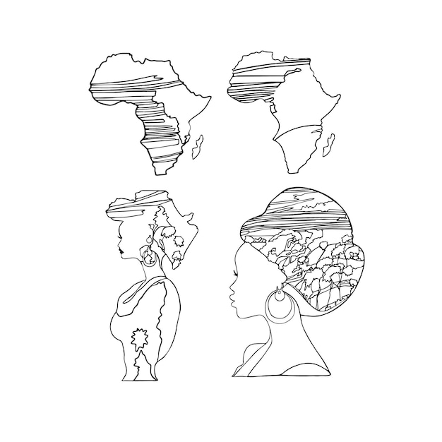 아프리카 지도의 고립된 세트 아프리카 여성 패턴