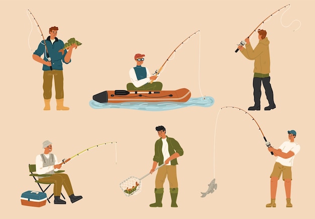 Изолированный набор персонажей-рыбаков с вращающейся палкой, ловящих рыбу с надувной лодки или речного берега старший молодой взрослый рыбак, наслаждающийся активным хобби мужской выходной вектор иллюстрация