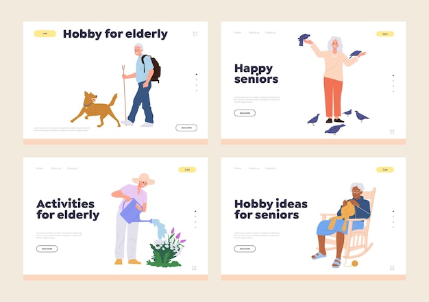 退職者向けのさまざまな趣味活動を広告するランディング ページの分離セット