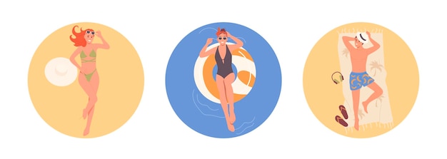 Set isolato di composizione rotonda con un uomo e una donna turistici felici e rilassati in costume da bagno che galleggiano in piscina e prendono il sole sulla spiaggia di sabbia illustrazione vettoriale di persone durante la ricreazione estiva