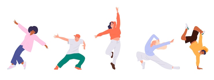 Vector ティーンエイジャー・ブレイクダンサー (b-boy) とヒップホップ・ダンサー (female hip-hop dancer) のアニメキャラクターがストリートパフォーマンスを示すフリースタイルを動かす白い背景のベクトルイラスト