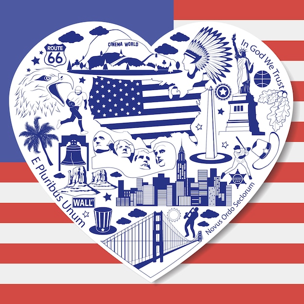 Vector isolated set with americanicons and symbols in form of heart