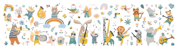 스칸디나비아 스타일의 다른 음악 악기에서 연주하는 귀여운 동물들과 격리 된 세트 만화