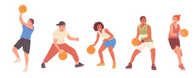 Vettore set isolato di giovani atleti giocatori di basket personaggi con la palla in diverse posizioni di gioco sportivo e sportiva che rimbalzano saltando e lanciando illustrazione vettoriale su sfondo bianco