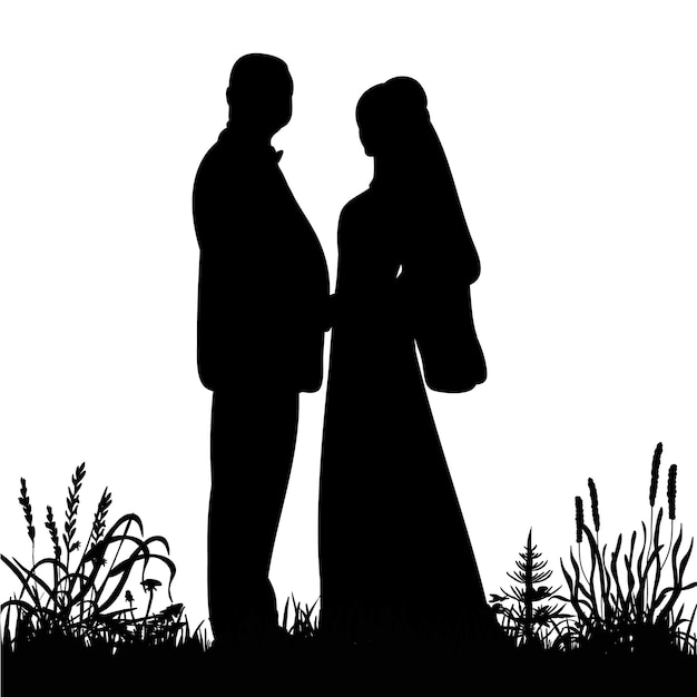 Vector isolated silhouette of the bride and groom outdoors