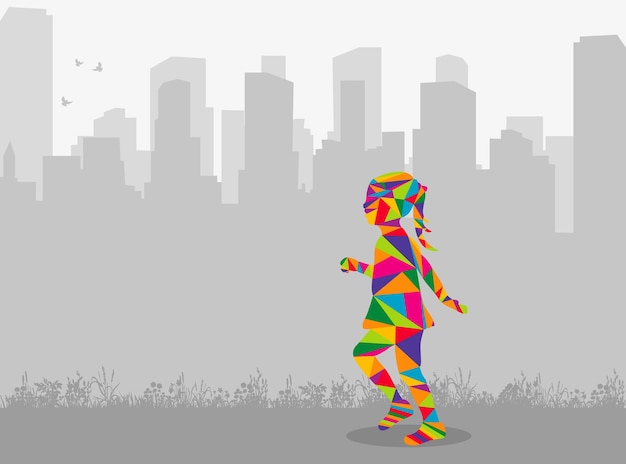 Isolated silhouette of a child playing on a city background