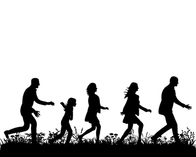 Vector isolated silhouette people running along the grass