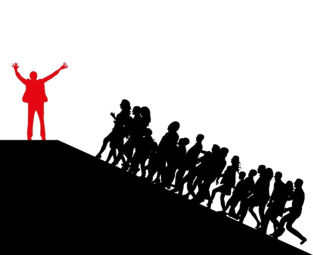 Isolated silhouette of people running up a mountain aim business