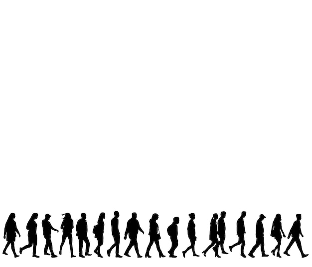 Vector isolated silhouette of walking people one after another group