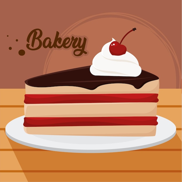 Isolated slice of cake with cherry on top bakery product on table vector illustration