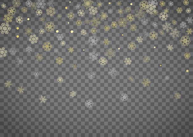 Isolated snowflakes on horizontal transparent grey background Gold glitter snow Winter sales Christmas and New Year design for party invitation banner sale Magic crystal isolated snowflakes