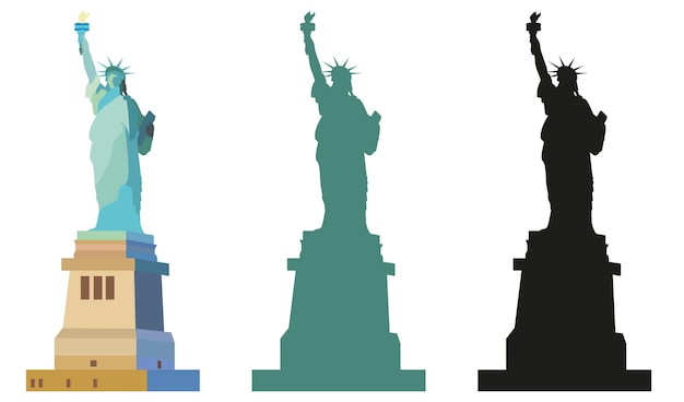 Isolated Statue of Liberty in New York Colorful, an green and black silhouettes on white background