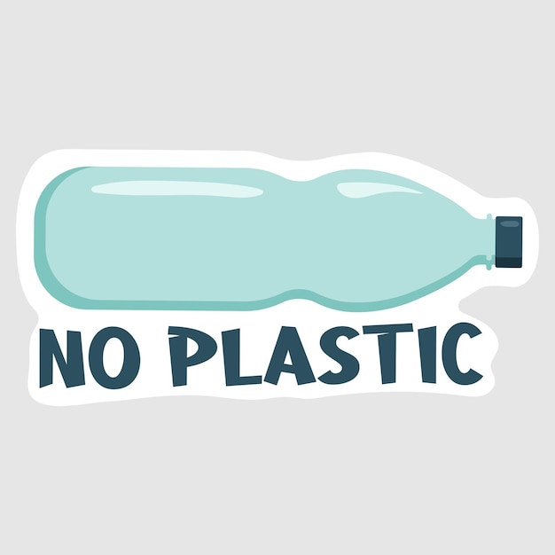 Изолированная наклейка пластиковая бутылка с текстом без пластика. Векторная иллюстрация