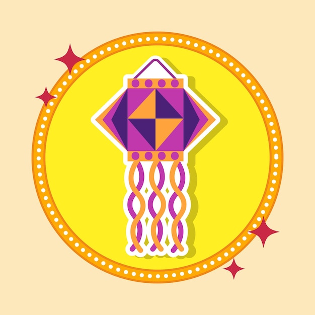 Isolated sticker style colorful hexagonal kandil hang icon in flat style