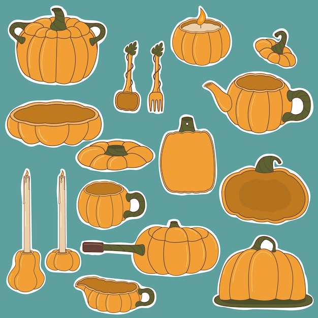 Isolated stiskers of pumpkin kitchen utensils on blue bckground set of autumn illustrations