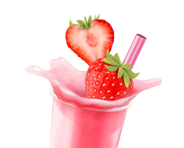 Vettore isolato fragola ghiaccio rasato con spruzzi di frutta liquida e fresca su sfondo bianco