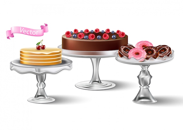 Vector isolated sweet collection of glass transparent cake stands with desserts on top