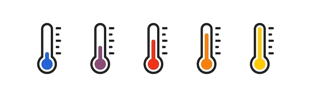 孤立した温度計のアイコンを設定 青い冷たい赤い熱い温度シンボル フラット セット ホワイト バック グラウンドに青紫赤オレンジと黄色の温度計アイコン