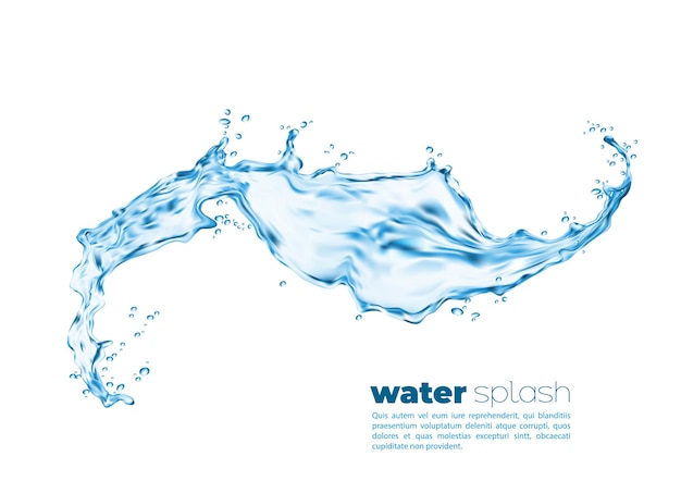 Vector isolated transparent water splash swirl with pouring wave, vector realistic background. water pour with splashing drops, liquid blue clear aqua with water droplets of clean drink and flowing spill