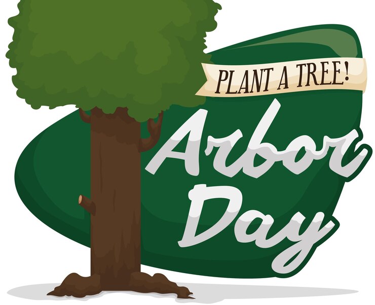 Vector isolated tree with strong trunk and growing tall over green sign and greeting ribbon for arbor day