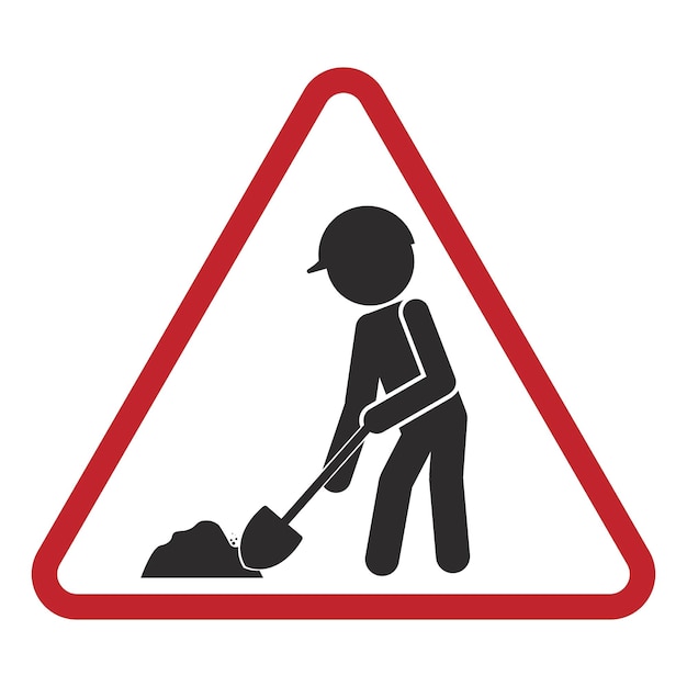Изолированный треугольный знак безопасности человек лопата грязь с шлемом для строителей на работе