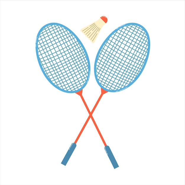 Isolated two crossed badminton rackets with shuttlecock in flat style on white background