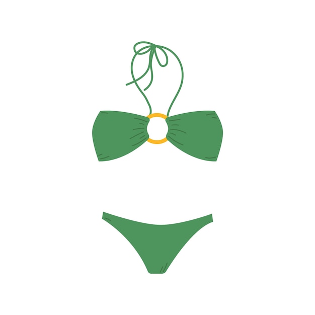 Isolated two pieces green swimming suit with yellow flowers and neck ties in flat style