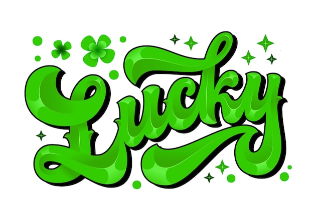 Vettore illustrazione tipografica isolata lucky trendy 70s lettering in stile groovy con scintille e trifoglio