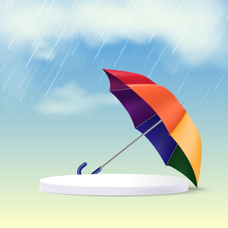 वेक्टर isolated umbrella with podium for product placement with monsoon background