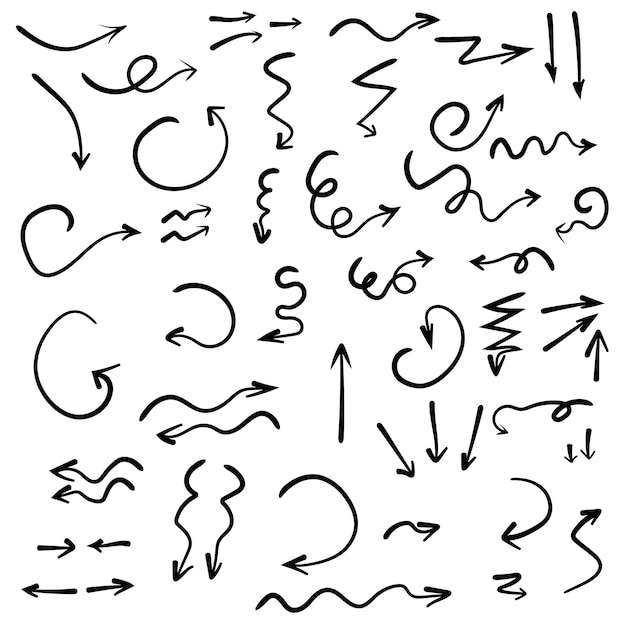白い背景に手で描かれた孤立したベクトル矢印