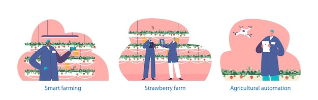 Isolated Vector Elements with Characters Engage in Agricultural Automation Of Strawberry Production Industry and Smart Farming that Involves Integration Of Technology Robotics And Ai Innovations