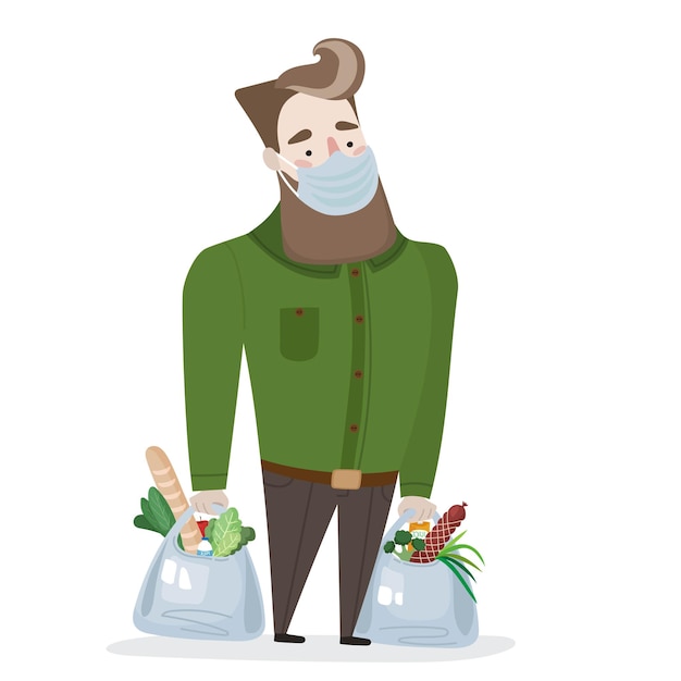 Isolated vector illustration character a man with a beard holds packages with food in his arm