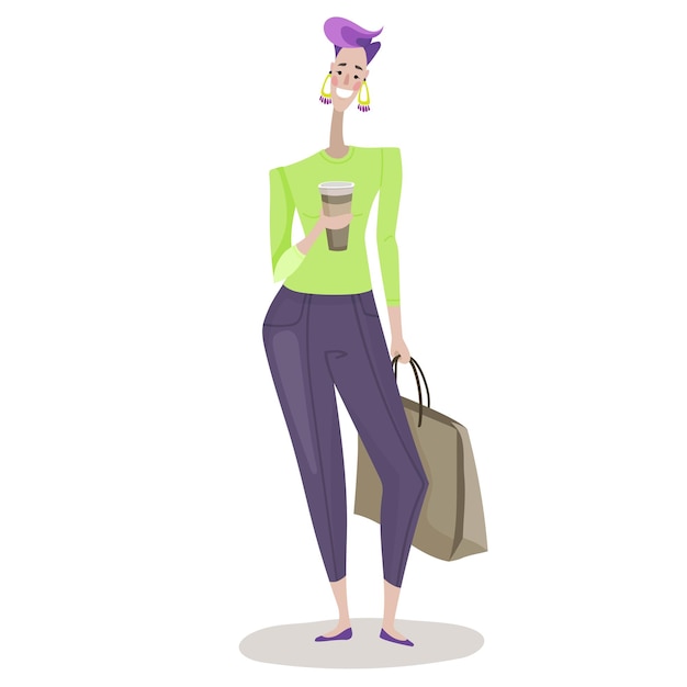 Isolated vector illustration of a character woman holds packages with food in her hand