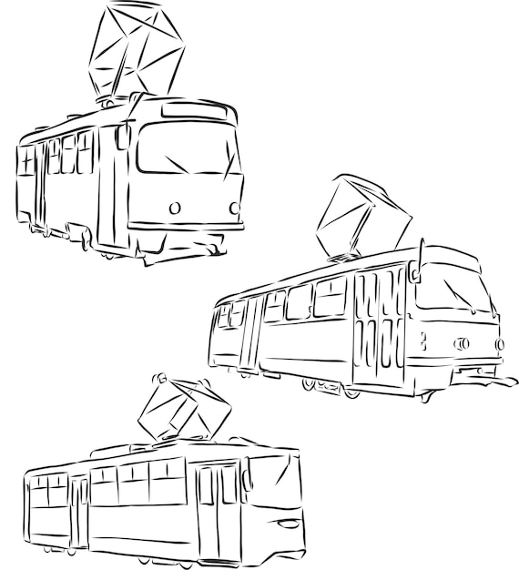 Отдельные векторные иллюстрации трамвая общественного городского транспорта рисованной линейной каракули