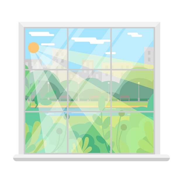 Isolated vector image of a window sunny day of summer window overlooking the park