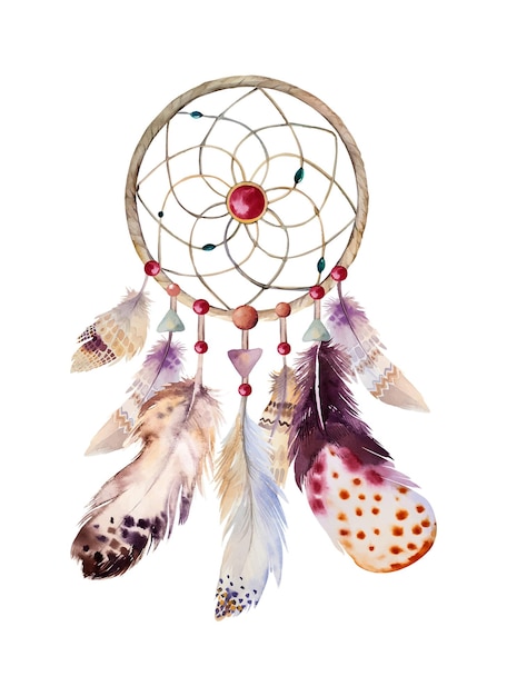 Isolated watercolor decoration bohemian dreamcatcher boho feathers decoration native dream chic design mystery ethnic tribal print american culture design gypsy ornament dream catcher