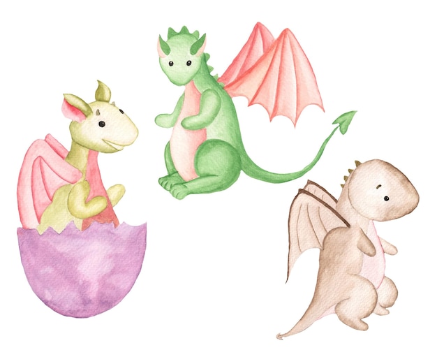 Isolated Watercolor Dragon Clipart on White Background, Cute Dragon Illustration