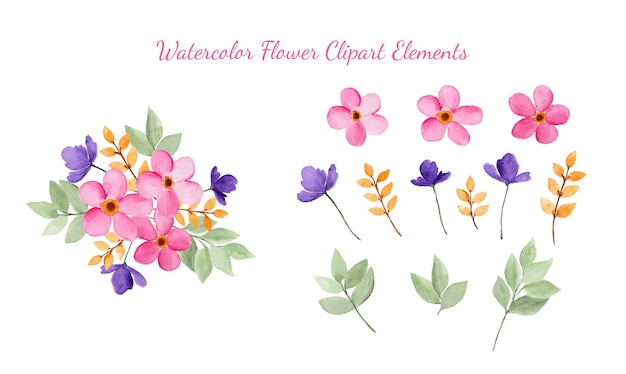 Isolated watercolor flower clipart elements.