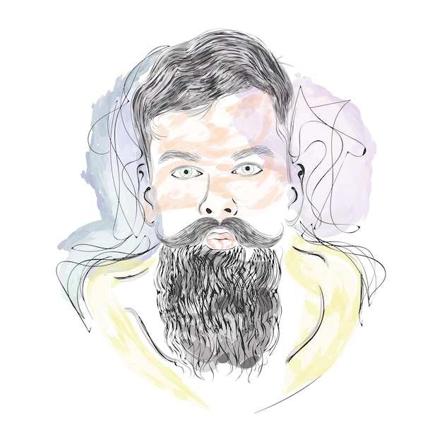 Vector isolated watercolor sketch of a hipster with a beard vector illustration