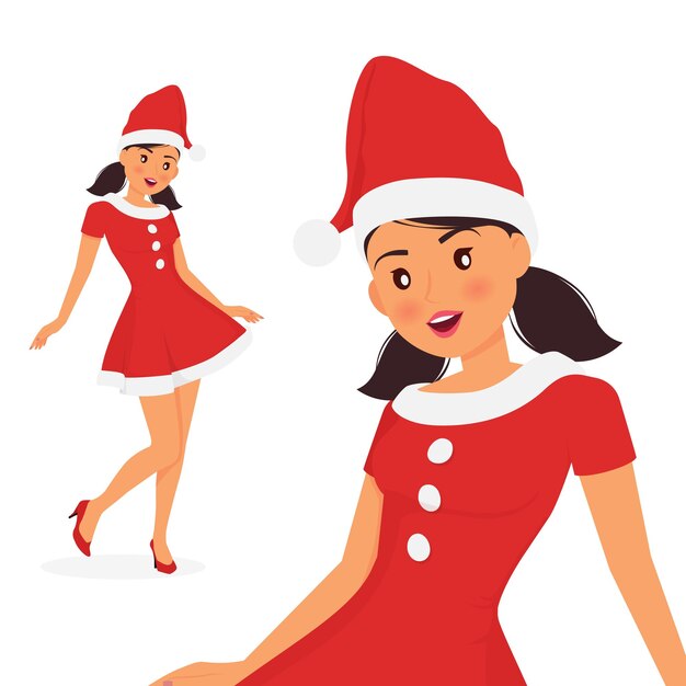 Vector isolated woman with christmas hat and dress